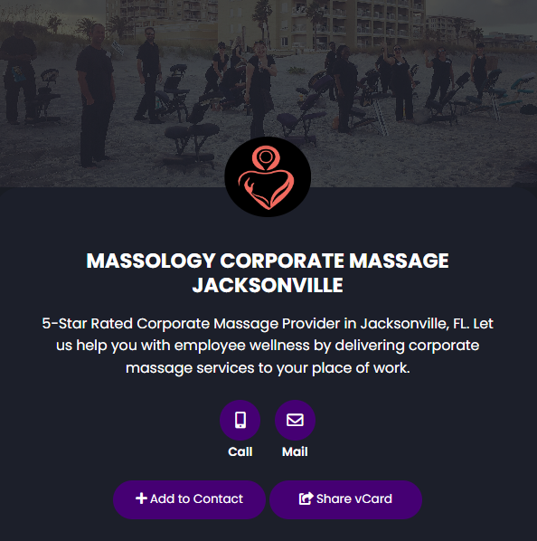 massology business card for employee wellness with corporate chair massage in jacksonville, fl